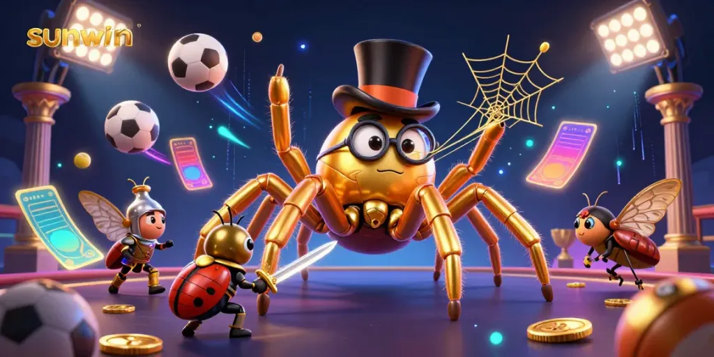 Experience sunwin's thrilling gaming environment with a massive golden tarantula and heroic characters at a bustling casino.