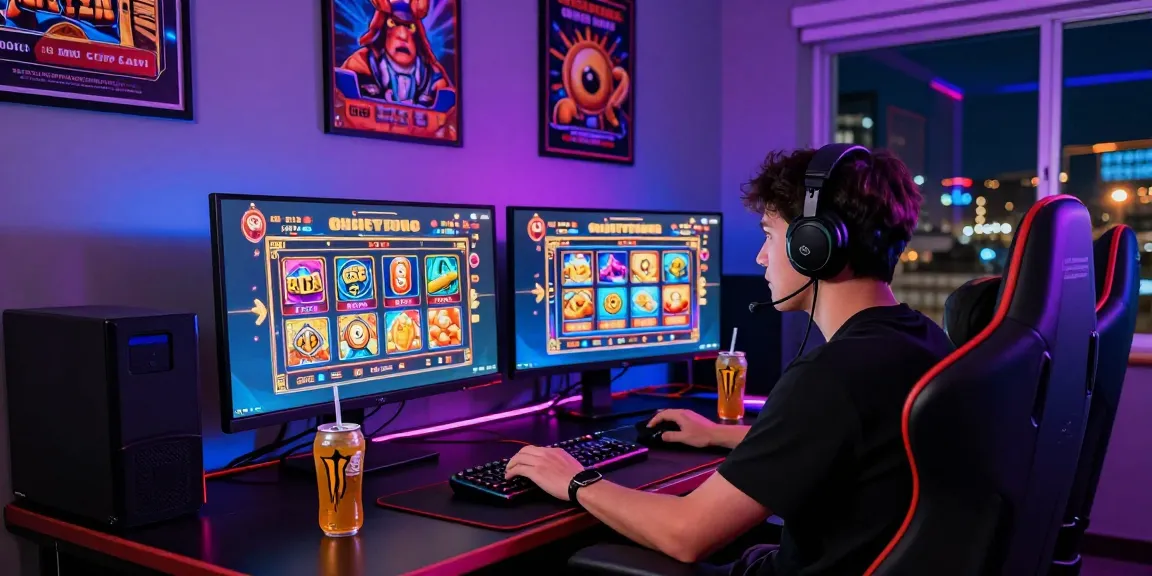 Exciting online gaming environment showcasing a player engaged with situs judi slot on multiple colorful monitors.