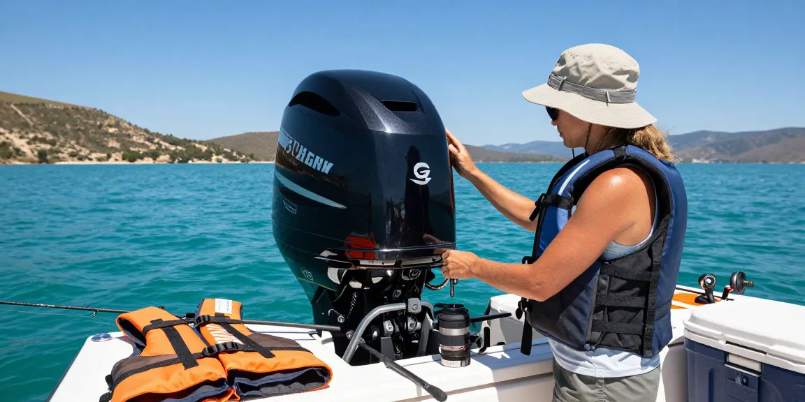 Person inspecting a 4 stroke outboard motor on a boat, preparing for a day of adventure on the lake.