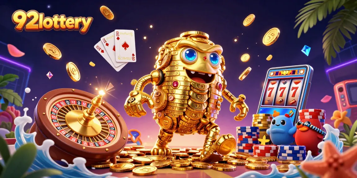 Win big with 92lottery as golden golem entertains amidst cascading gems and coins.