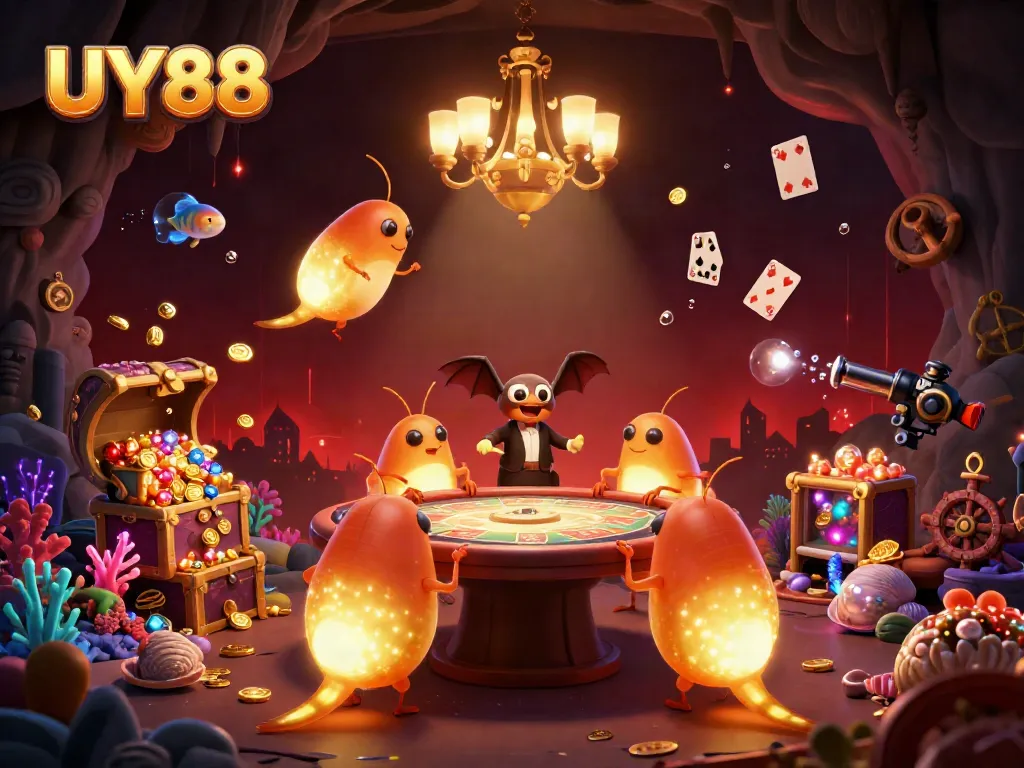 Play and win at UY88 with a vibrant cave casino scene featuring glowworms and a bat dealer.