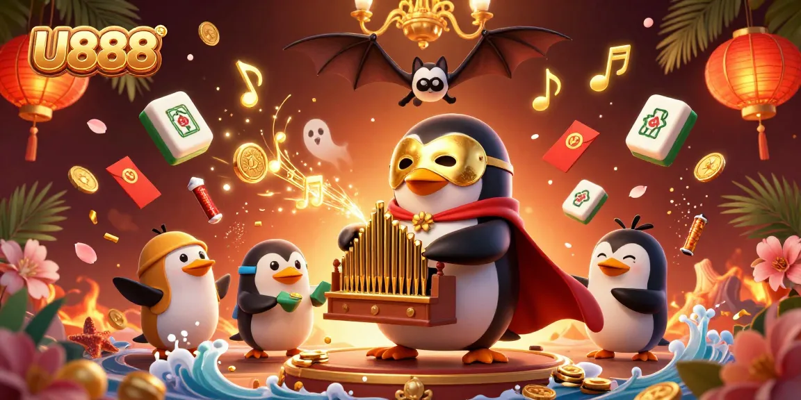 Play exciting slots at U888 with floating mahjong and golden symbols in a vibrant casino scene.