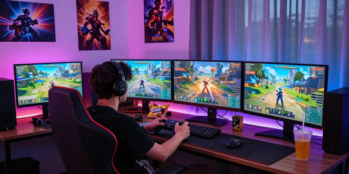 Gamer menggunakan bos88 di ruang bermain interaktif dengan monitor dan alat gaming.