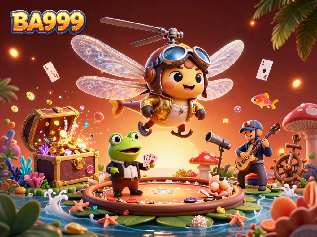 Experience the thrill of gambling with BA999 in this vibrant scene of lively characters and casino elements.