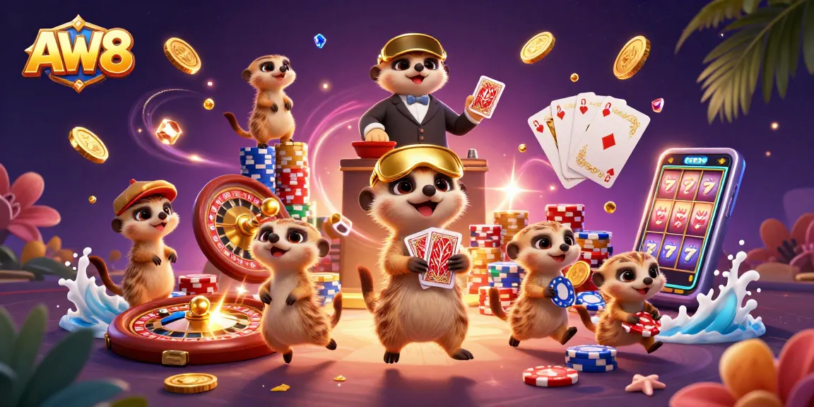 AW8 meerkats orchestrating a lively casino scene, showcasing vibrant gaming elements and excitement.