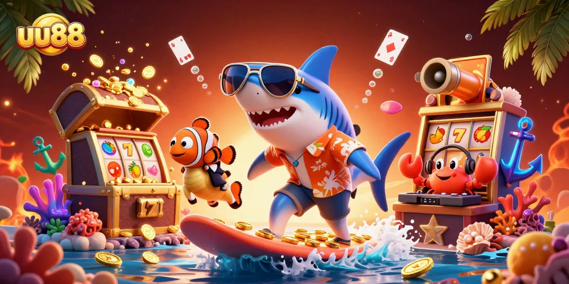 uu88 highlights thrilling casino excitement with a shark surfing gold coins and vibrant gaming elements