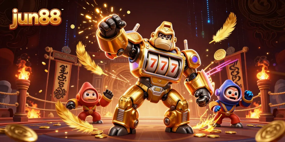 Experience thrilling gaming action at jun88 with a golden gorilla mech and captivating casino elements.