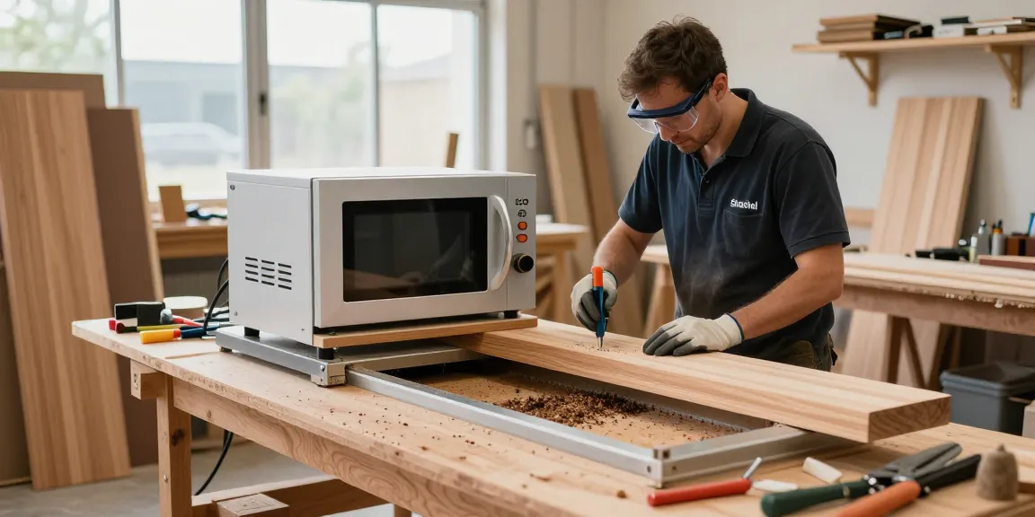Shashel microwave device eliminating wood-boring insects in a professional workshop.