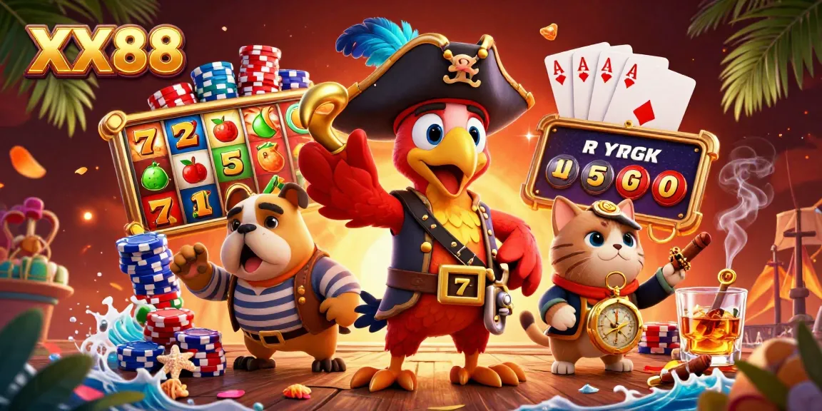 Engage in thrilling gaming action at XX88 with a lively scene featuring dynamic slot elements, pirate characters, and vibrant casino decor.