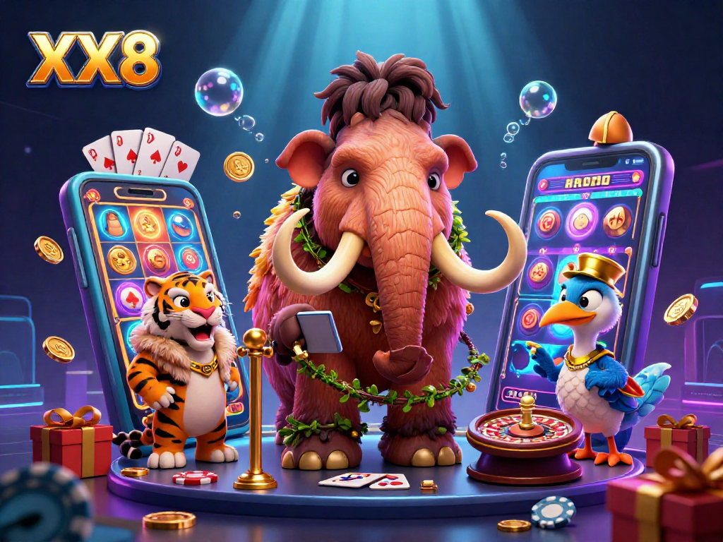 Experience the vibrant excitement of XX8's casino world with a mammoth bouncer, VIP tiger, and a dodo doorman.