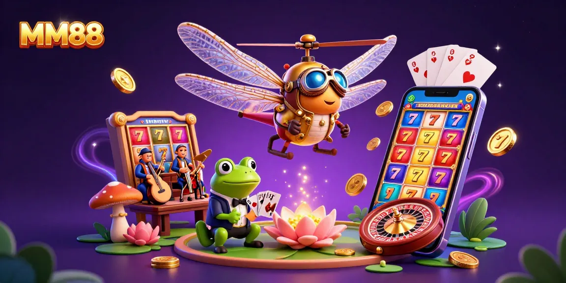 Experience MM88's excitement as a dragonfly pilot flies over a vibrant casino scene.