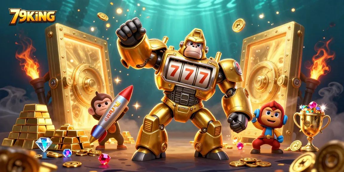 Spin to win with 79KING's vibrant 3D illustration of a golden gorilla mech amidst treasures.