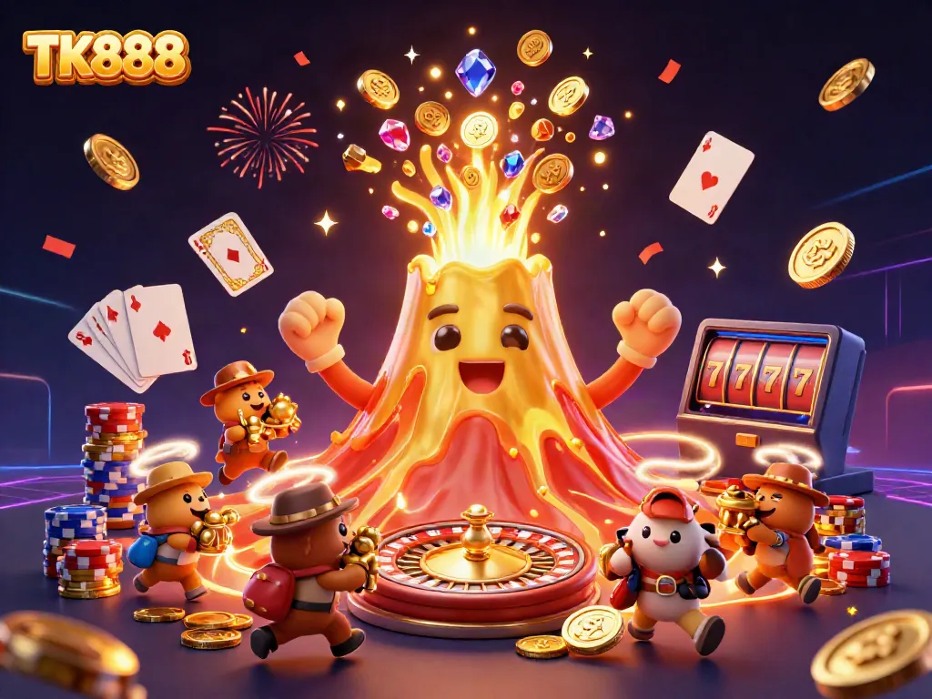 Engage in exhilarating gaming at TK888 where a golden volcano rewards with treasures.