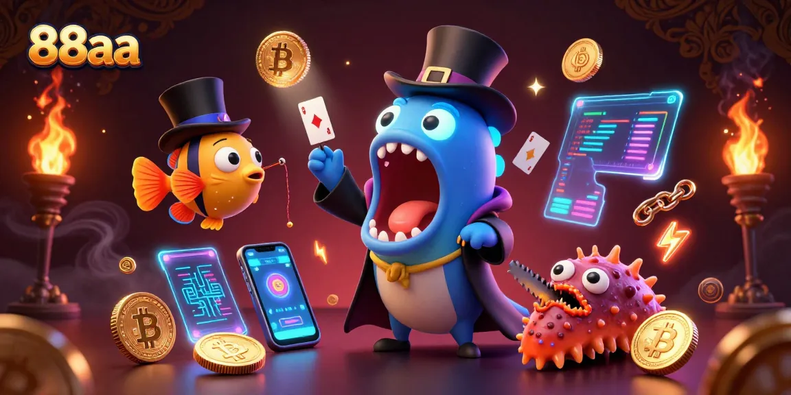 88aa gamers witness a whimsical scene with a gulper eel magician as it performs card tricks surrounded by vibrant crypto elements.