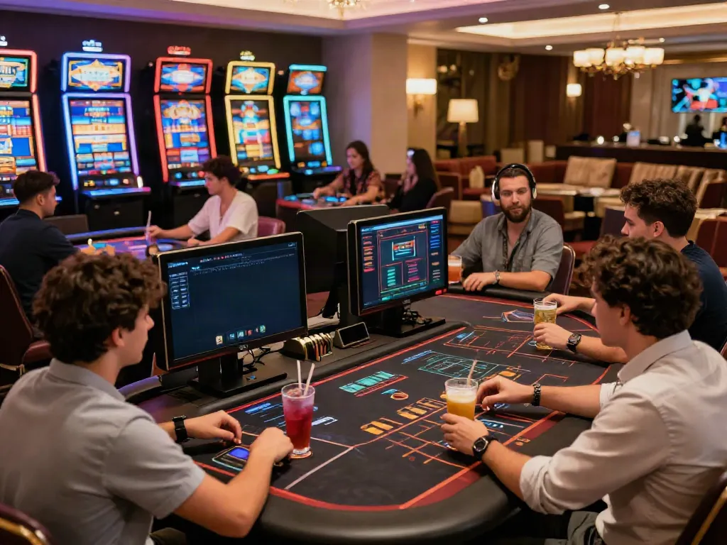 A lively h19 online casino gaming scene with diverse players and live dealer.