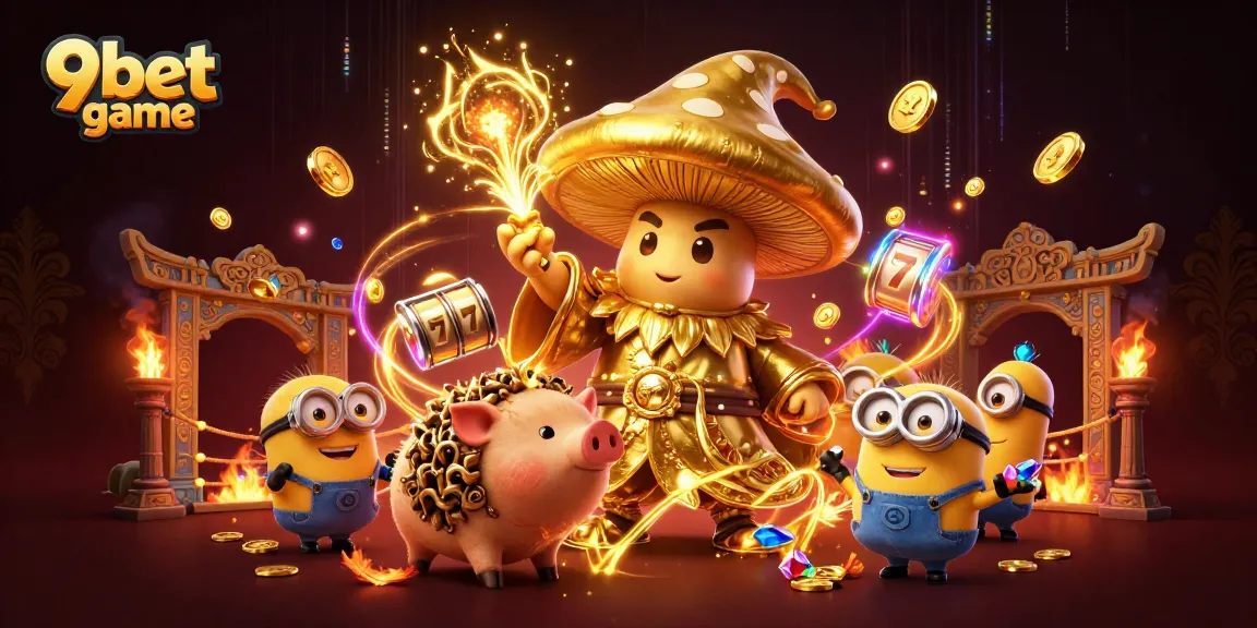 Experience thrilling 9bet game action with golden wizard and treasures in vibrant casino scene.