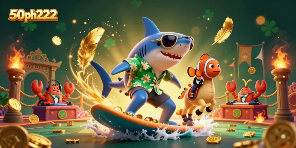 Engage with 50ph222 in a vibrant 3D casino scene featuring a shark surfing gold coins.