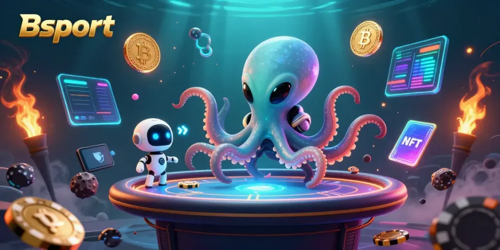 Bsport showcases an alien octopus at a holographic poker table, enhancing your gaming experience.