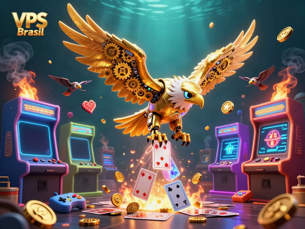 Engaging scene showcasing VPS Brasil with a cybernetic eagle among holographic cards and vibrant gaming elements.