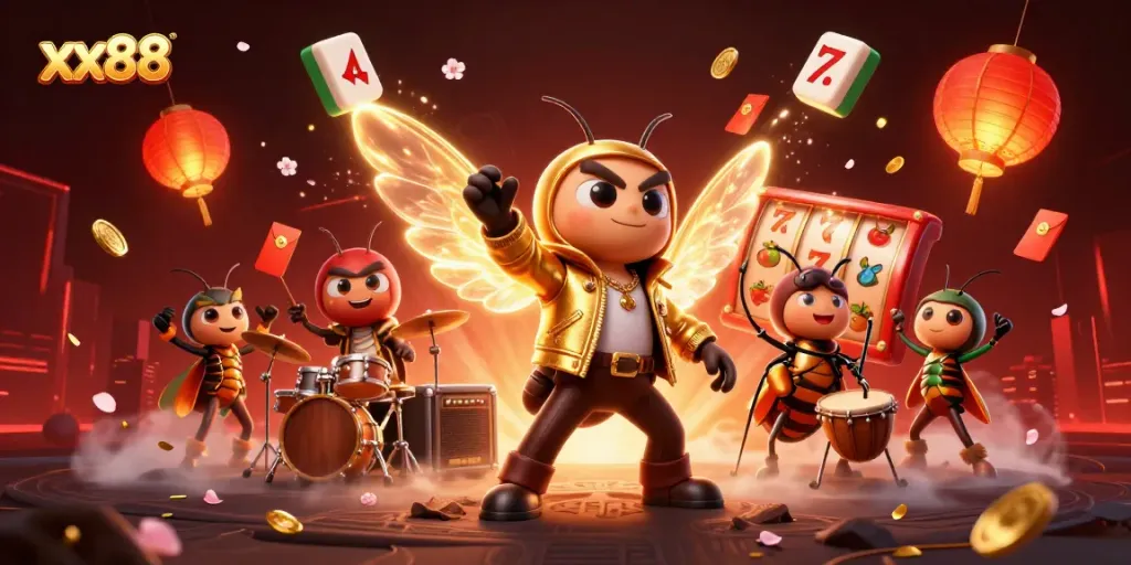 Experience thrilling gameplay with xx88 and vibrant slot machines surrounded by lively characters in action.