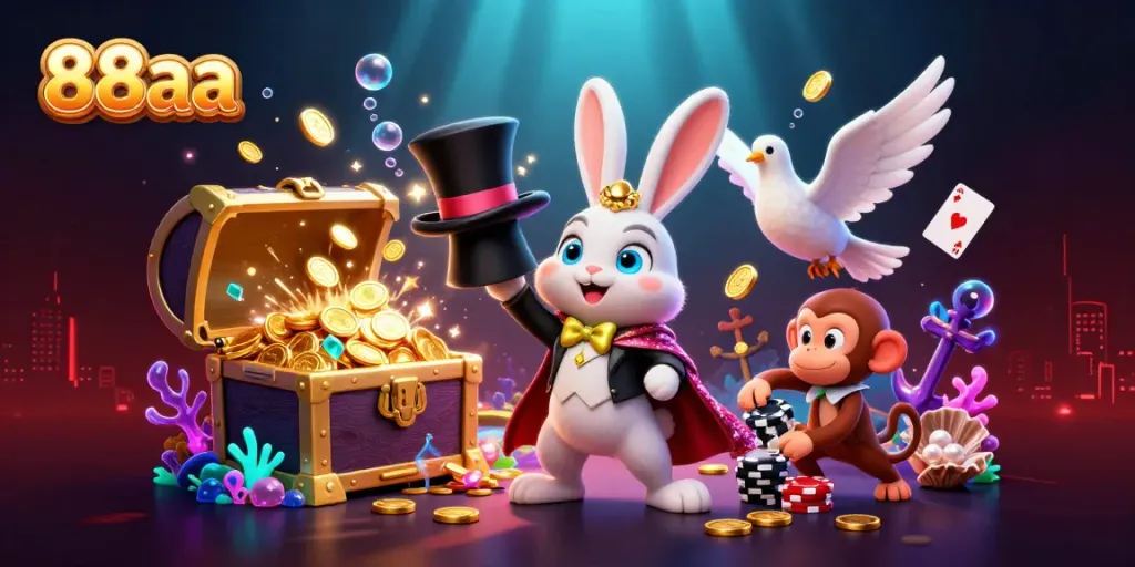 88aa magic unfolds with a rabbit, dove, and monkey amidst casino chaos