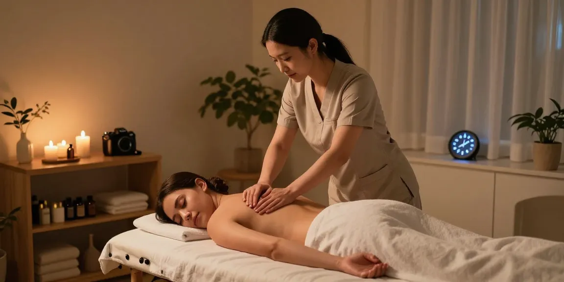 Massage therapist providing 출장안마 in a serene home spa setting with warm lighting.