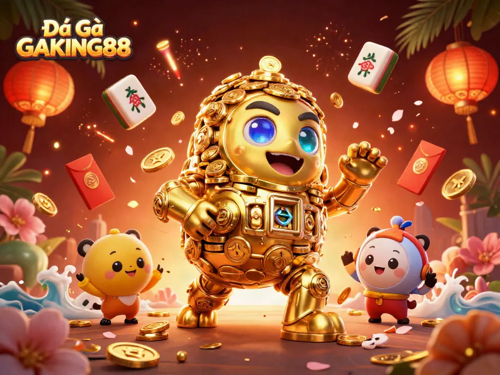 Experience the dynamic action of Đá Gà GAKING88 featuring a golden golem with vibrant gaming elements.
