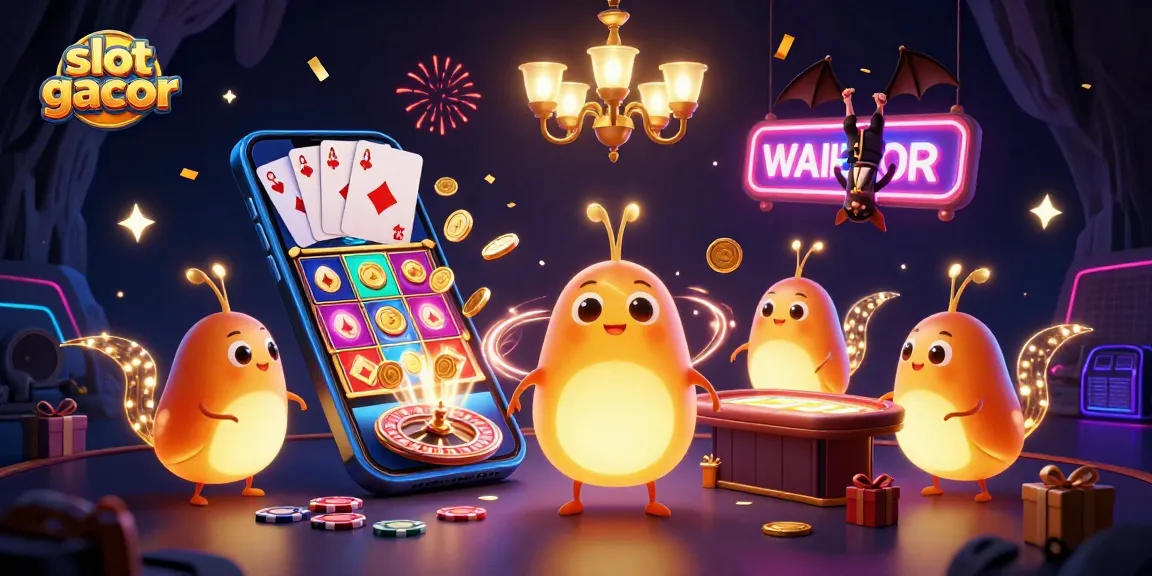 Experience the excitement of slot gacor in a colorful 3D casino scene with vibrant glowworms.