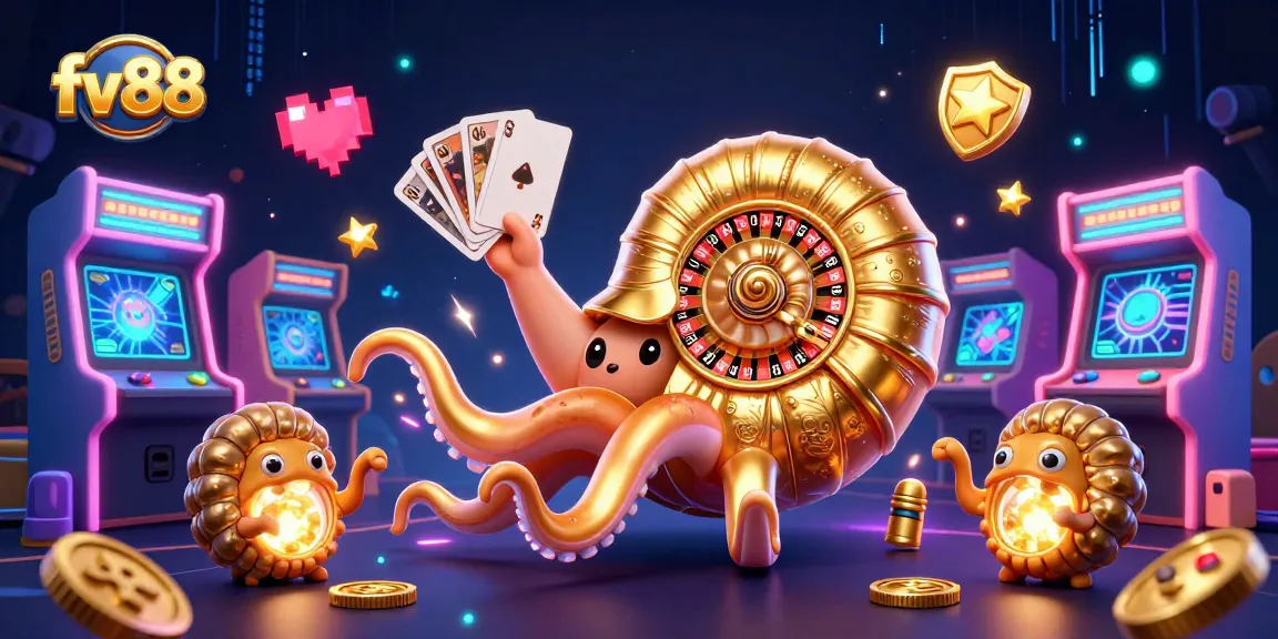 Engage in exciting gameplay at fv88 with a giant nautilus holding cards and vibrant casino elements.