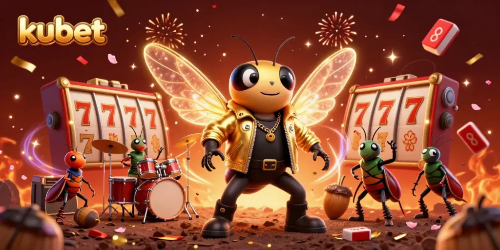 Experience kubet's vibrant casino thrill with a rock star cicada, beetle drummer, and festive slot reels.