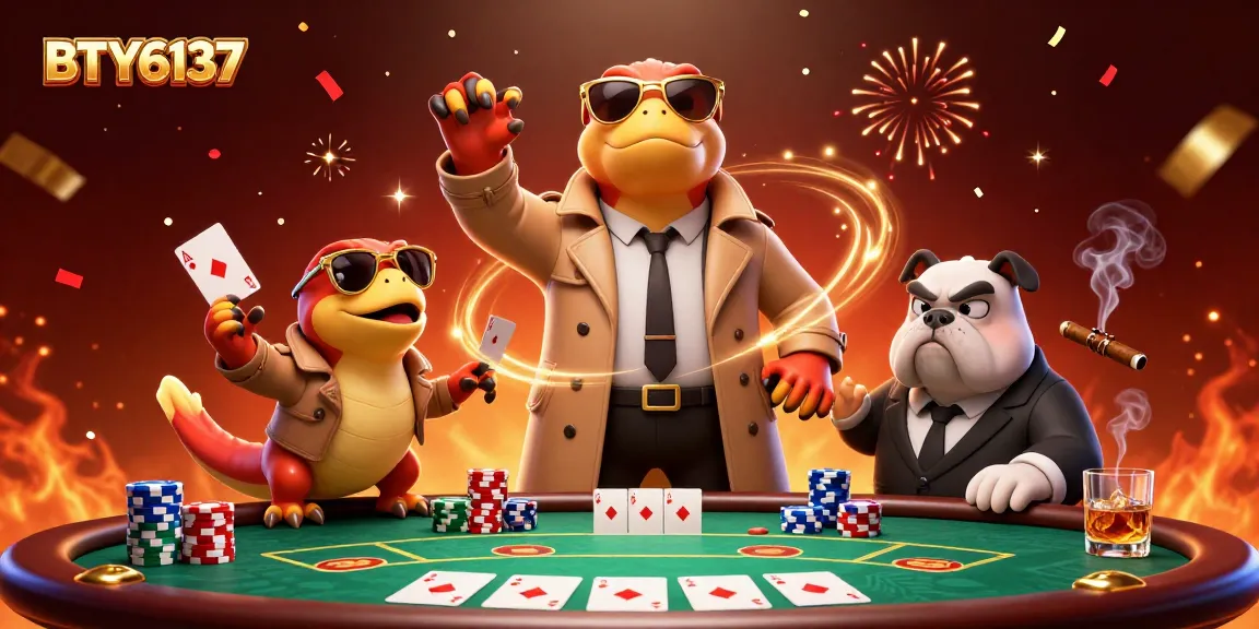 Raptors in a trench coat attempting VIP casino entry, showcasing poker elements, BTY6137 branding.