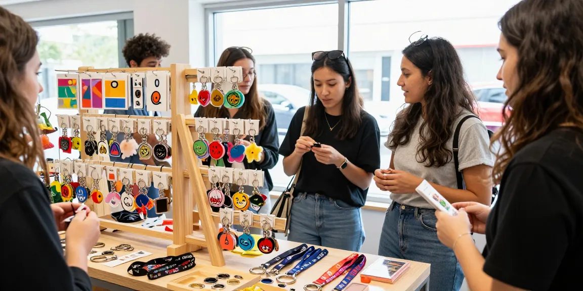 Custom keychains displayed at a vibrant e-commerce pop-up shop, highlighting personalised merchandise experiences.
