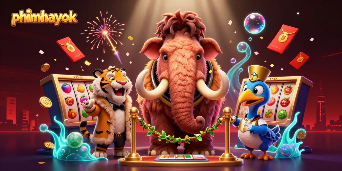 phimhayok showcases a vibrant casino entrance scene with a woolly mammoth bouncer, engaging gamblers to join the excitement