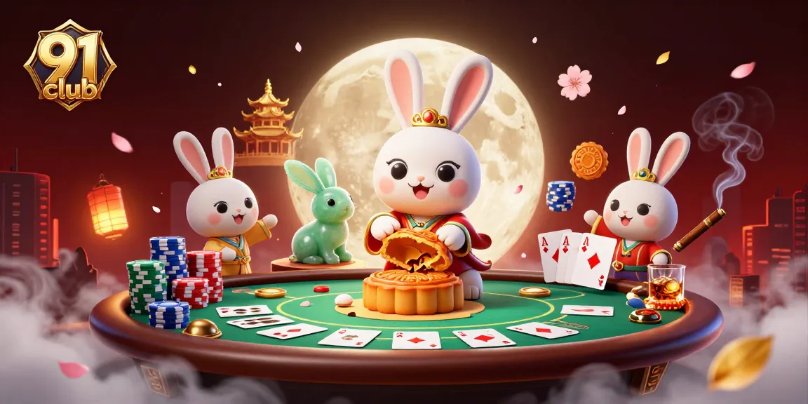 Engage with the thrilling 91 club as the moon rabbit unveils poker chips amidst a vibrant casino scene.