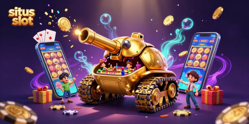 Engage with situs slot through an explosion of colors, featuring a golden beetle tank transformed into a lively miniature casino.
