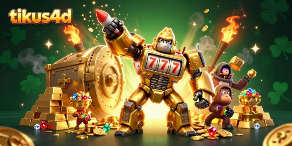 Menggenggam kemenangan dengan tikus4d, ilustrasi 3D bertema kasino yang menampilkan gorila mecha emas di tengah emas dan permata.