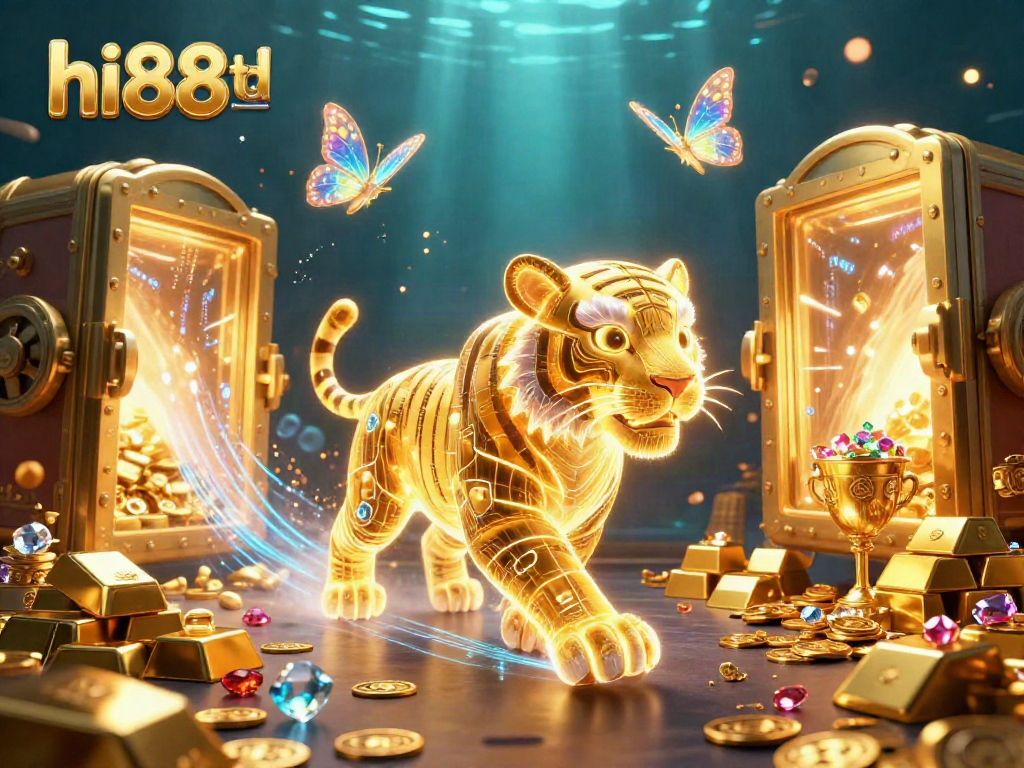 Join the rich digital experience at hi88td with a vibrant illustration of the golden energy tiger amidst casino treasures.