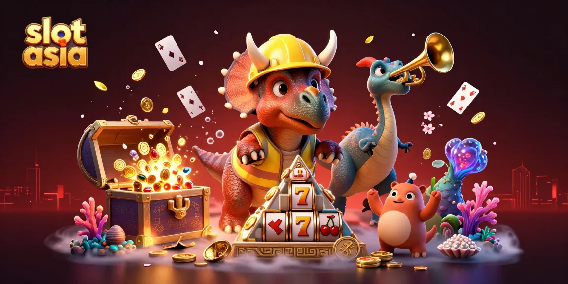 Celebrate wins at slot asia with a vibrant scene of slot machines and dinosaurs in a thrilling atmosphere.