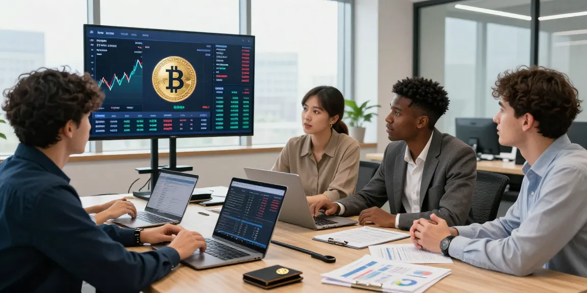 Investors discussing how to buy in BRICS crypto in a modern workspace.
