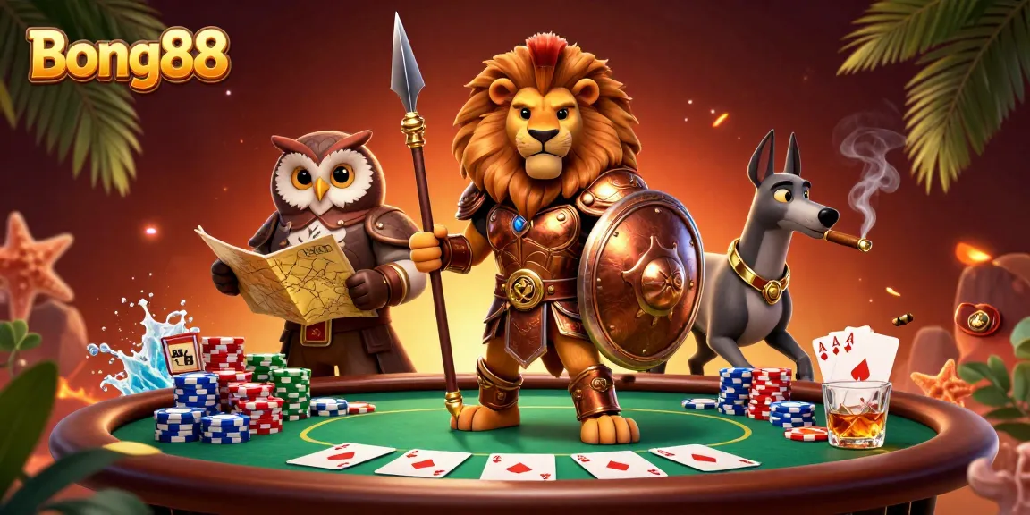 Bong88 showcases a fierce Spartan lion amidst poker tables, flanked by a wise owl and swift greyhound, capturing the thrill of gaming.