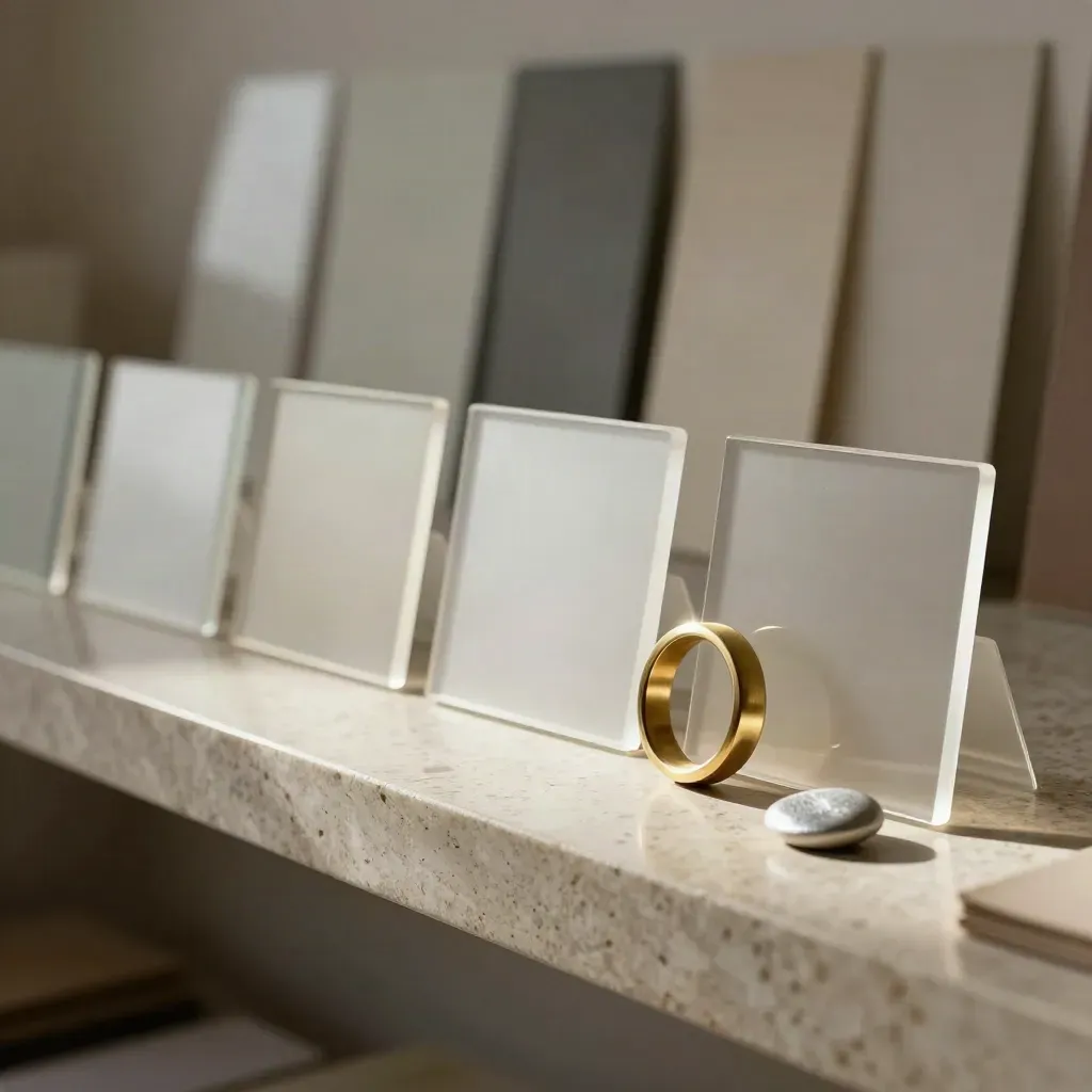 Blank acrylic name tiles with brass ring and ceramic chip on a travertine ledge.