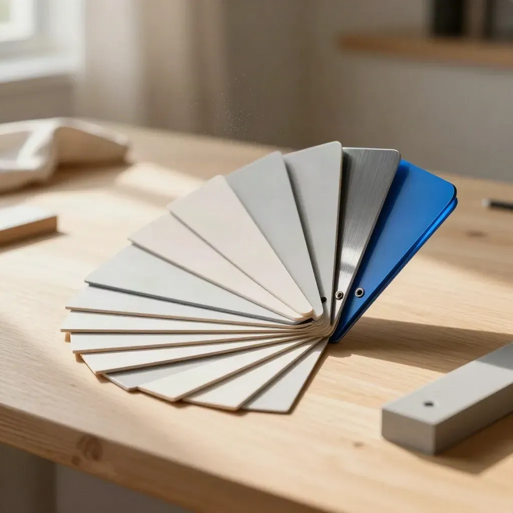 Logo pieces and sample fan on pale wood with electric blue accent