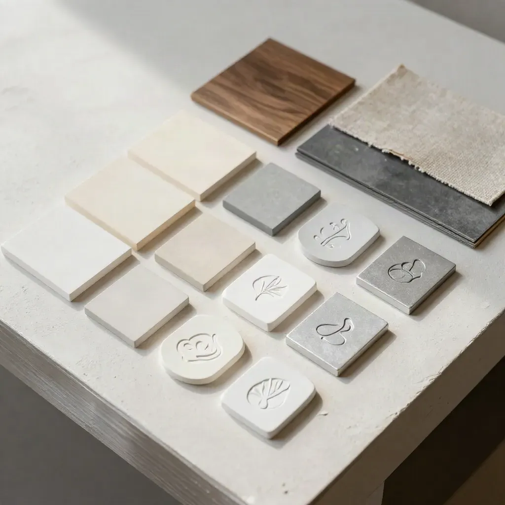 Overhead visual identity kit with swatch chips, texture samples and icon discs on plaster.