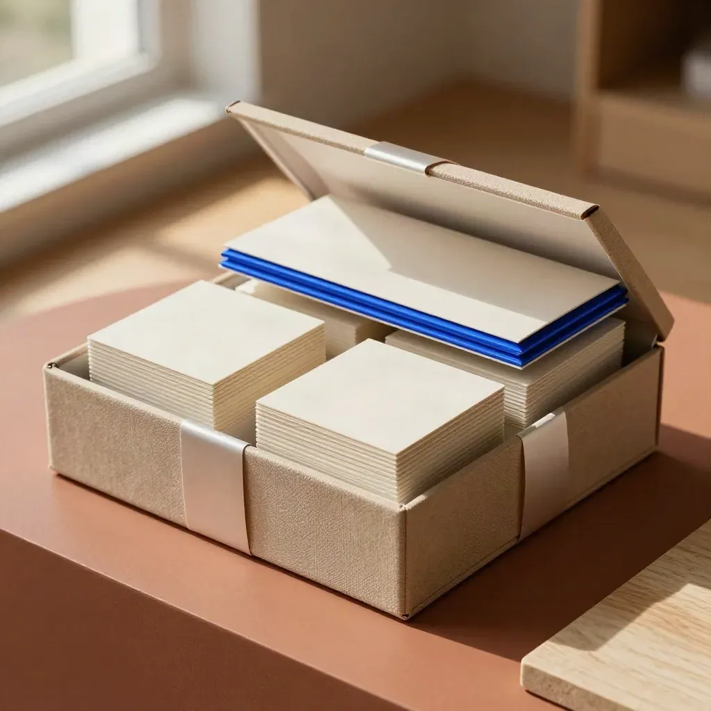 Nested launch box with pitch deck shells, social cards, and sealed sleeves on a terracotta plinth.