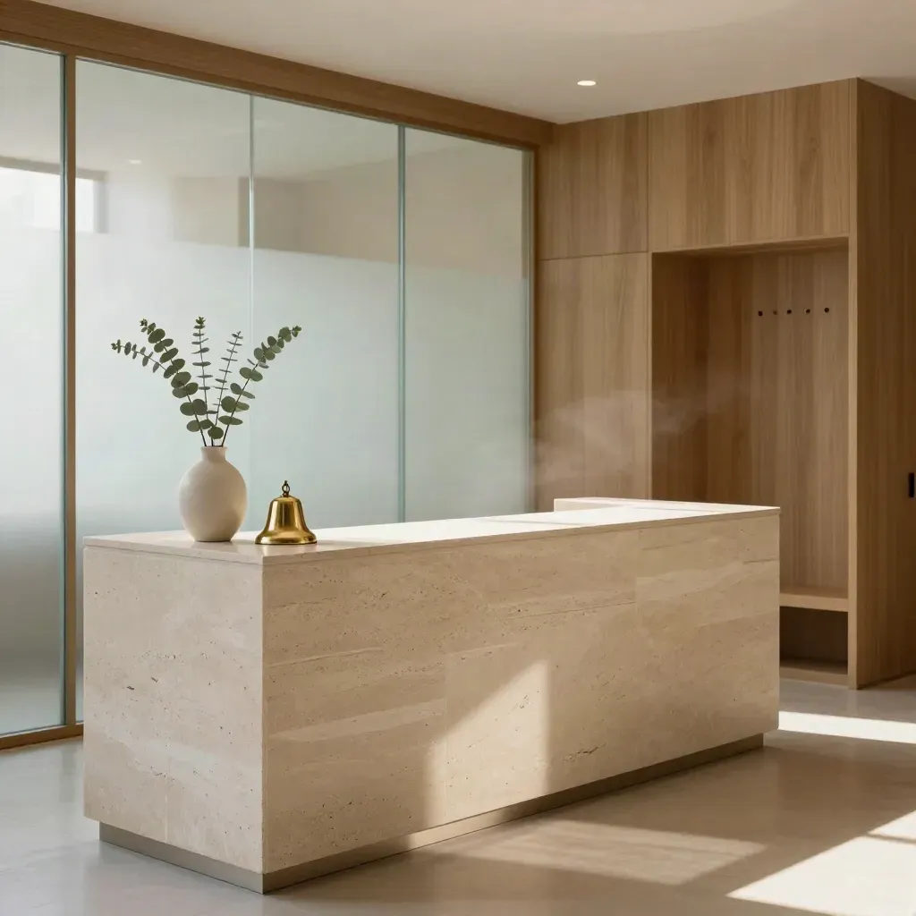 Empty clinic reception with pale stone counter, frosted glass, eucalyptus, brass bell, sun haze