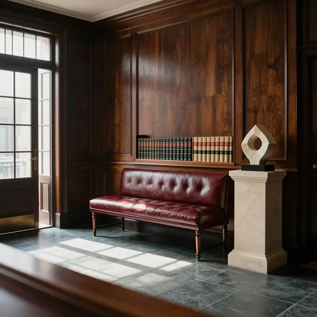 Law-office foyer with dark oak, glass, leather, bronze bookends and a stone plinth.
