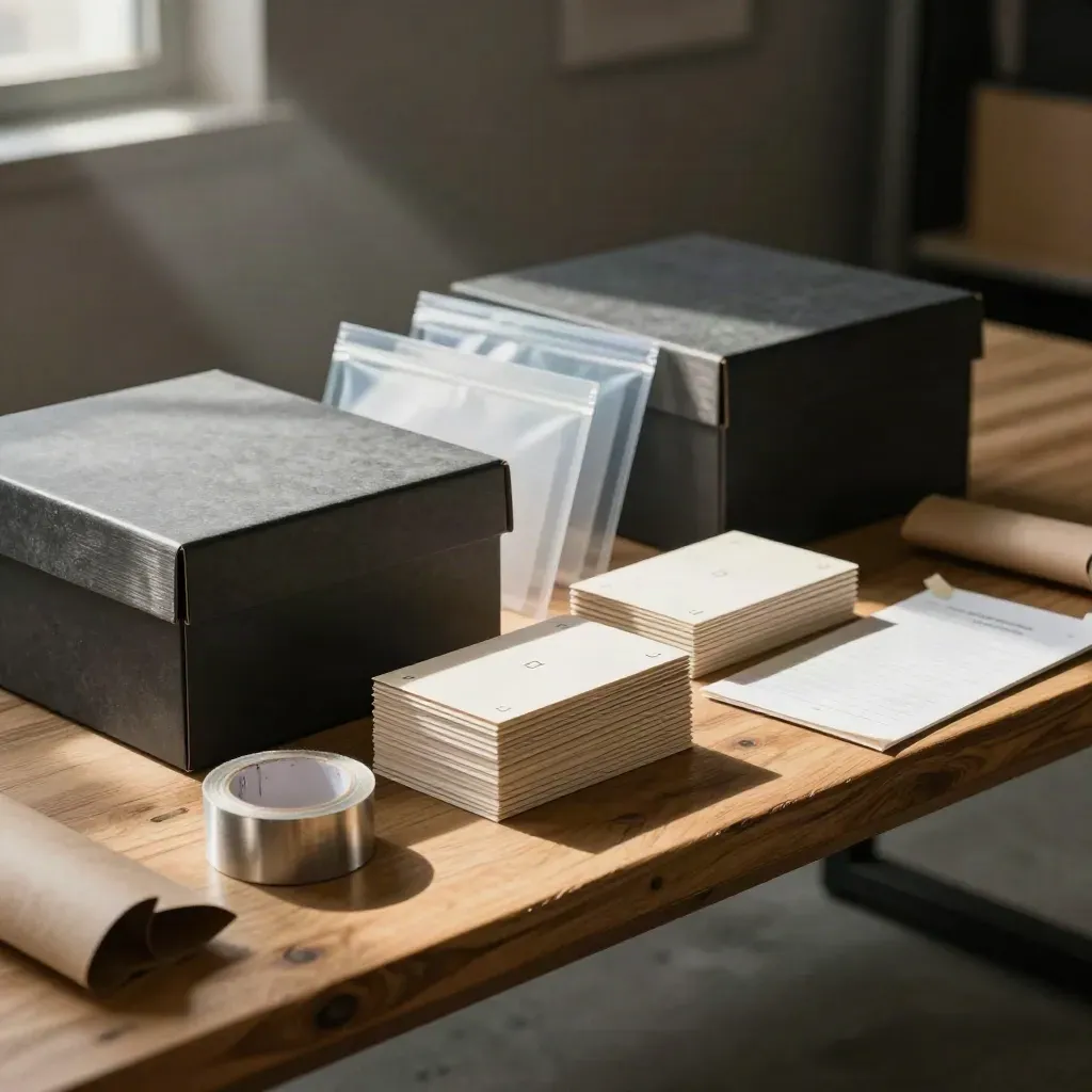 Launch boxes, sample mailers, cards, and a presentation sleeve on a dramatic packing bench.