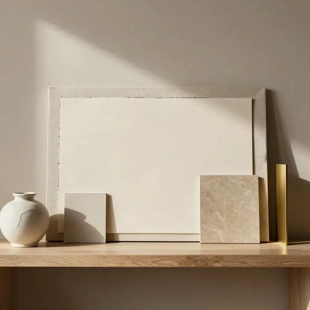 Warm studio shelf with a hero material board, swatches, ceramic vessel and brass divider.