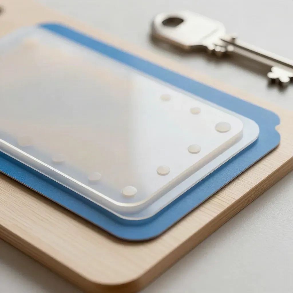 Acetate identity samples and a blue swatch on pale wood under dramatic studio light.