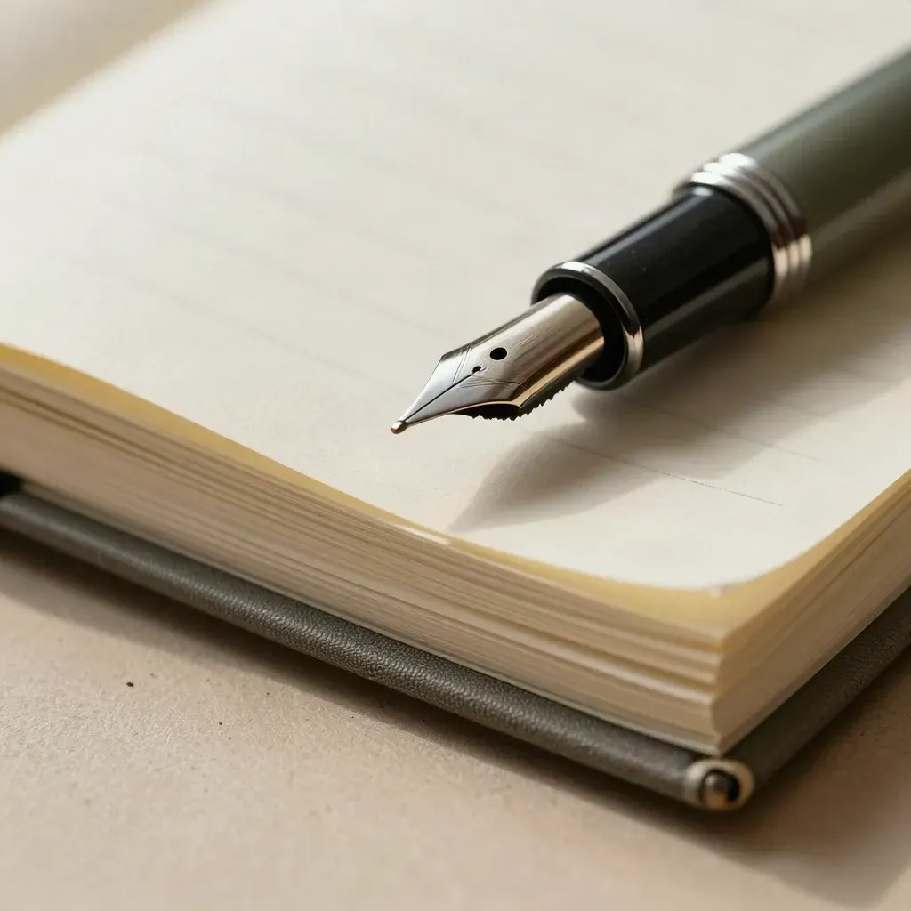 Macro of a fountain pen, clipped manuscript sheets and a closed notebook on cream paper.